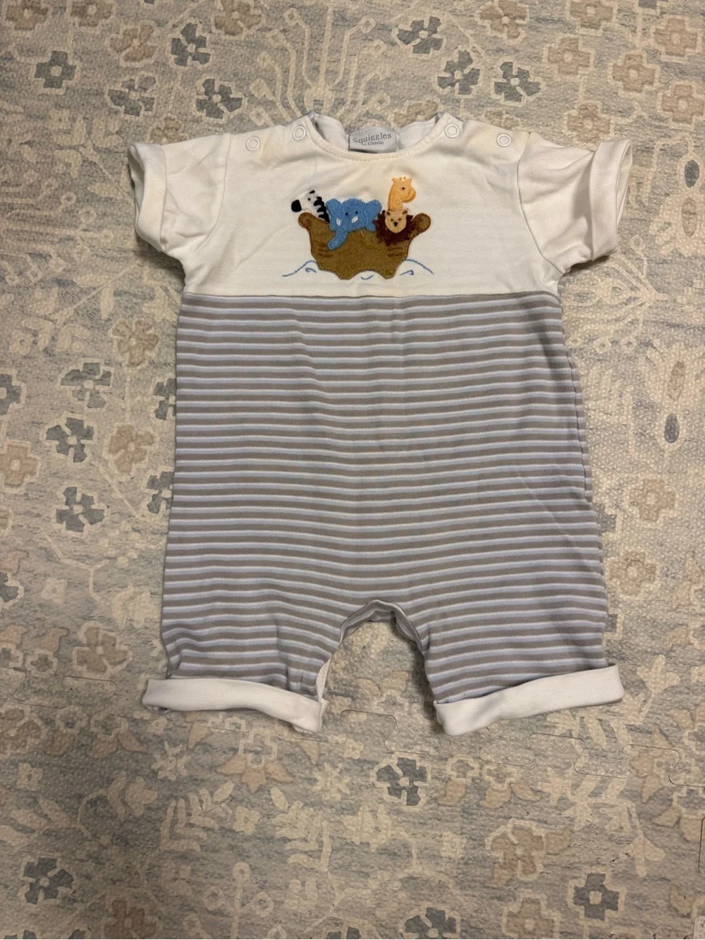 Striped Blue & White Baby One-Piece Bodysuit with Animal Applique